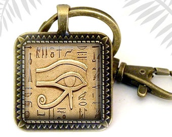 Egyptian Symbol Key Chain, Eye of Horus Key Chain, Egypt, Ancient History, hiroglyphics, photo glass jewelry,  gift for men