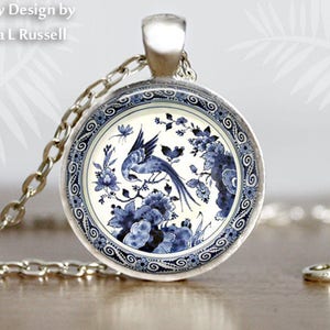 Blue Bird Necklace, Antique China Design Jewelry, Bird Earrings, Willow, Blue, Birds and flowers, Blue and White earrings, circle pendant