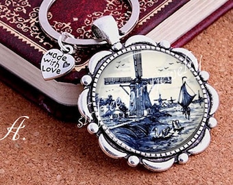 Netherlands Blue Key Chains, Windmill, Dutch, Travel, China Blue, Blue and White, Silver plated Key Chain,
