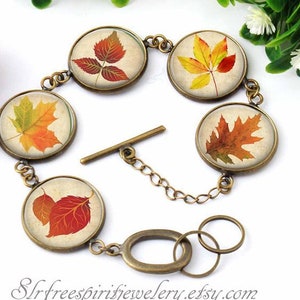 Autumn Leaves Bracelet, Fall Trends, Nature, Bronze link Bracelet, Photo Cabochon Bracelet, Orange and yellow, seasonal jewelry, leaves