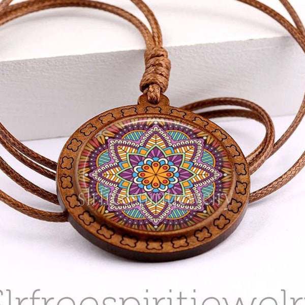 Mandala Necklace, Earrings, Hippie, Boho, Spiritual, Photo Image Jewelry,Wood pendant, Leather Cord, Purple colorful, gift for women