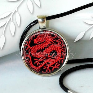 Dragon Necklace, Chinese Red Dragon, Dragon Jewelry, Dragon Earrings, Photo Cabochon Jewelry, Handmade Red and Black, dragon gift