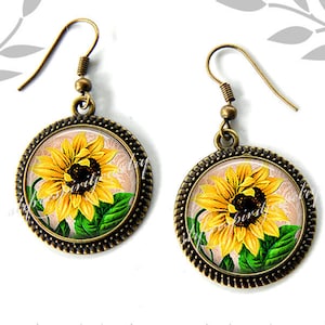 Sunflower Earrings, Summer Accessory, Circle drop earrings, Earrings and Necklace set, Flowers, Floral Jewelry, Handmade jewelry