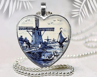 Blue Windmill Necklace, Antique Dishes Design Pendant, Dutch Pottery, Blue and White Jewelry, Netherlands Art Jewelry