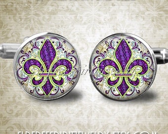 Elegant Fleur de lis Photo Cuff Links, Mardi Gras Cuff Links, New Orleans, French Symbol, French Design, Costume, Mardi Gras Ball
