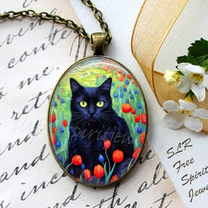Black Cat Necklace, Red Tulips, Flowers,  Boho Jewelry, Cats, Whimsical Jewelry, Photo Glass Jewelry, Handmade Gift for female