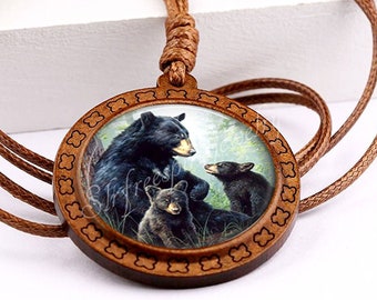 Bear Jewelry, Spirit Animal Necklace, Boho Accessory, Black Bear Cubs, Nature Jewelry, Wild Animals, Photo Glass Cabochon Wooden Pendant