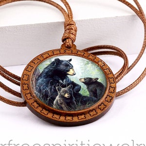 Bear Jewelry, Spirit Animal Necklace, Boho Accessory, Black Bear Cubs, Nature Jewelry, Wild Animals, Photo Glass Cabochon Wooden Pendant