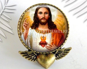 Jesus Heart Pin, , Sacred Heart of Jesus, Christ, Christian Jewelry, Catholic Jewelry, Religion, Faith, Religious Jewelry, Gift for Women