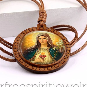 Catholic Jewelry, Virgin Mary Pendant, Sacred Heart of Mary, Spiritual, Religion, Religous Gift, Photo Glass Cabochon, Wooden Pendant