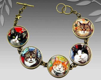 Cat Jewelry, Cat Faces, Link Bracelet, Photo Cabochon Bracelet, Cats, Feline, Pets, Custom, Tabby, Gift for women, Gift for Cat Lover