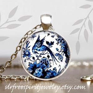 Blauwe vogelketting, Delfts blauw, wilg, antieke porseleinen designsieraden,