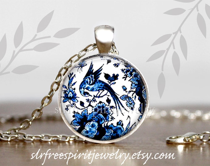 Blue Bird Necklace, Delft Blue, Willow, Antique China Design Jewelry,