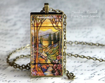 Stained Glass Design Pendant, Photo Glass Cabochon Necklace, Landscape, Victorian Art Jewelry Accessory, Gift for Women