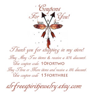 May include: White background with text and a decorative arrow and feather design. The text reads "Coupons For You!" and "Thank you for shopping in my store!" with discount details and a shop URL.