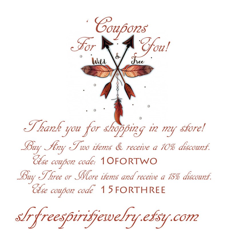 May include: White background with text and a decorative arrow and feather design. The text reads "Coupons For You!" and "Thank you for shopping in my store!" with discount details and a shop URL.