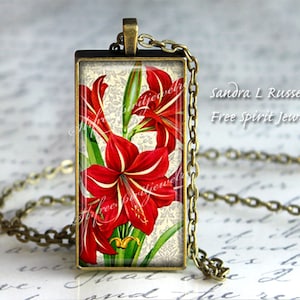 Collana a sospensione floreale, Amaryllis, Fiori rossi, Floreale, Natura, Fiori semi-tropicali, gioielli immagine fotografica, collana ciondolo 1x2 pollici