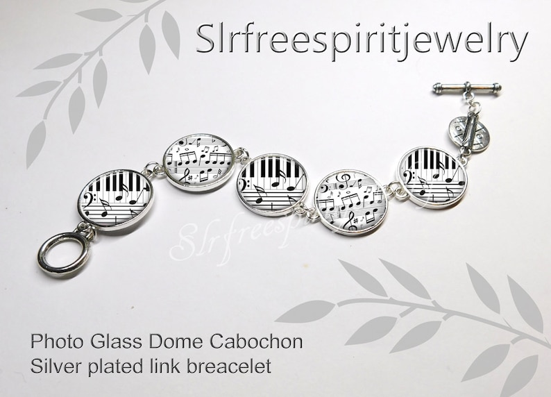 Piano Keys Silver link bracelet Gift for musician photo cabochon jewelry Piano Notes Necklace handmade jewelry Leather cord music
