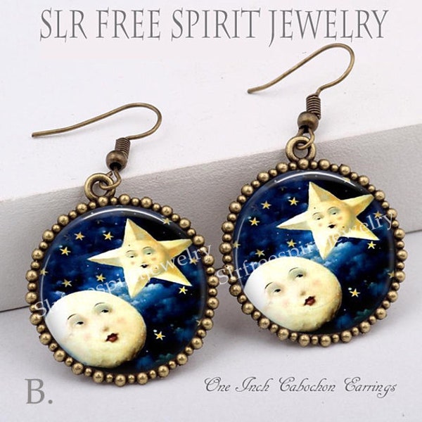 Moon and Star earrings, Handmade Jewelry, Retro Design earrings, Photo image jewelry, Moon earrings, dangle, one inch circles
