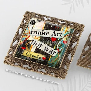 Boho Jewelry, Peace Pin or Necklace, Peace Pendant, Art, Square Pin,  Make Art Not War, Political Statement, Love and Peace,