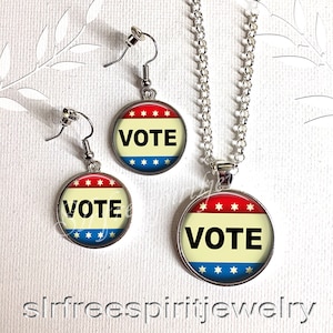 Vote Earrings, 2024 election, Presidential election, Voter, Voter pin, Political jewelry red,white and blue, Retro Vote design, Elections,
