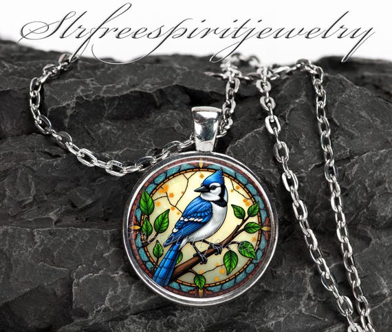 Blue Jay Necklace, Silver Plated, Spring Accessory,circle Pendant