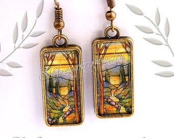 Stained Glass Design Earrings & Pendant, Photo Glass Cabochon Necklace, Landscape, Victorian Art Jewelry Accessory, Gift for Women