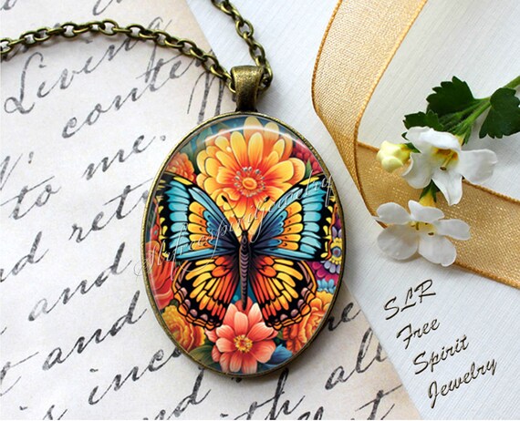 Butterfly Necklace, Oval Pendant, Nature, Spring, Flowers