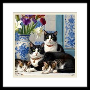 Tuxedo Cats Matted Print, Black and White Cats with purple Iris, Home decor, Classical theme,  blue and white, domestic scenes 8x8 print