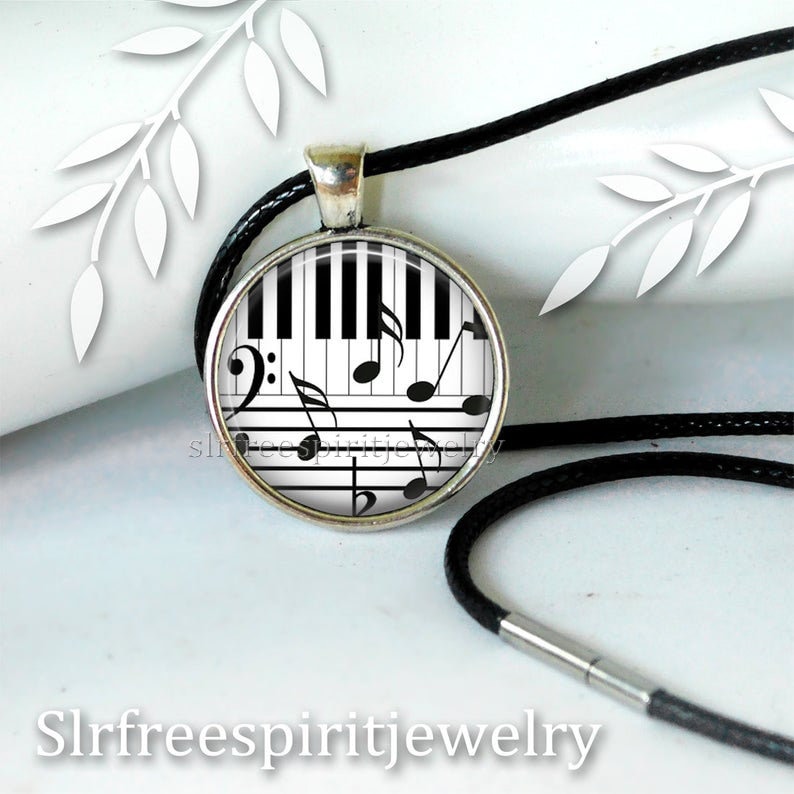 Piano Keys Silver link bracelet Gift for musician photo cabochon jewelry Piano Notes Necklace handmade jewelry Leather cord music