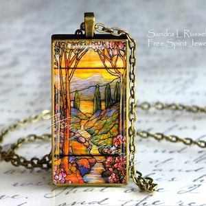 Pingente com design de vitral, colar com cabochão de vidro fotográfico, paisagem, acessório de joalheria de arte vitoriana, presente para mulheres. imagem 1