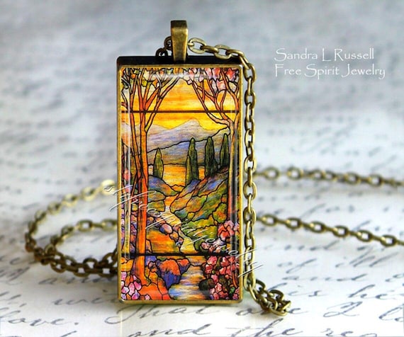 Stained Glass Design Pendant, Photo Glass Cabochon Necklace, Landscape, Victorian Art Jewelry Accessory, Gift for Women