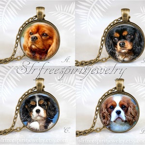 Collar de King Charles Spaniel, Blenheim, tricolor, rubí, negro y fuego, joyas de King Charles Spaniel, collar con imagen fotográfica, regalo