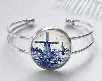 Blue Windmill Necklace, Antique Dishes Design Pendant, Dutch Pottery, Blue and White Jewelry, Netherlands Art Jewelry