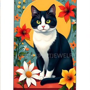 Tuxedo Cat Print, Matted Print, 8x10, Cute, kids room, Kitchen, colorful illustration, Black & White Cats, still-life, flowers, folk art