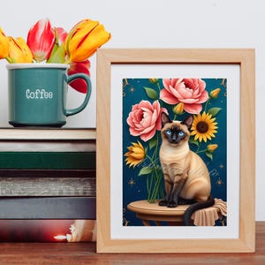 Siamese Cat Print, Seal Point, Matted Print, 8x10, Siamese kittens Colorful print, sun flowers, Elegant, home decor, teal, yellow, tan