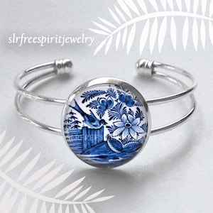 Blue Bird Earrings, Antique China Design Jewelry,  Birds and flowers, Blue and White earrings, Glass photo Cabochon, handmade