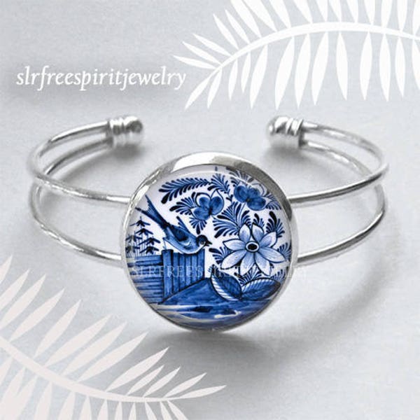 Blue Bird Earrings, Antique China Design Jewelry,  Birds and flowers, Blue and White earrings, Glass photo Cabochon, handmade