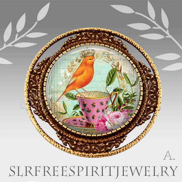 Bird Nest Brooch, Bird with Crown,Teacup, Flowers, Art Collage Jewelry, Large Circle Pin, Antique design Brooch, Gift for Bird Lover