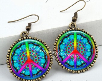 Peace Sign Earrings, Colorful Jewelry, Boho Accessory, Hippie, Retro Circle Dangle earrings, anti-war, handmade photo image jewelry,