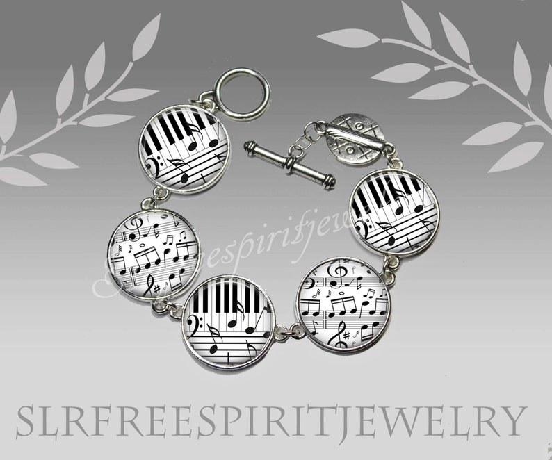 Piano Keys Silver link bracelet Gift for musician photo cabochon jewelry Piano Notes Necklace handmade jewelry Leather cord music