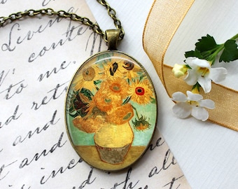 Van Gogh Sunflowers Necklace, Van Gogh Sunflower Painting, Art Jewelry, Famous Artist Jewelry, Photo image Pendant, Mother's day Gift