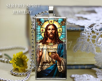 Christian Jewelry, Jesus Necklace, Catholic Pendant, Jesus Christ, Sacred Heart, Glass Photo Jewelry, Church Window, Colorful,