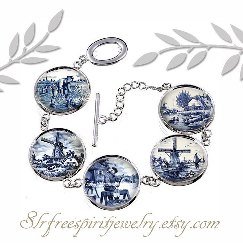 Delft Blue Bracelet, Glass Cabochon Jewelry, Dutch Porcelain, Windmills, Blue and White, Holland Landscape, Travel, gift for women
