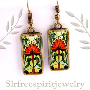 Stained Glass Design Earrings, Floral Theme, Colorful jewelry, Antique Glass, Victorian Era, Photo Jewelry, Bronze and Glass, Elegant