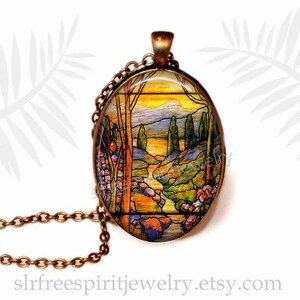 Pingente com design de vitral, colar com cabochão de vidro fotográfico, paisagem, acessório de joalheria de arte vitoriana, presente para mulheres. imagem 2