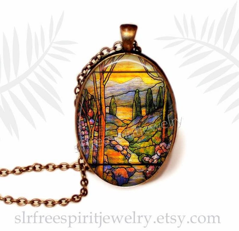 Pingente com design de vitral, colar com cabochão de vidro fotográfico, paisagem, acessório de joalheria de arte vitoriana, presente para mulheres. imagem 2