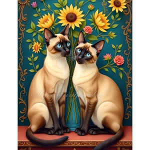 Siamese Cats, Seal Point, Matted Print, 8x10, Colorful, illustration, sun flowers, Elegant, home decor, teal, yellow, romantic, cat art