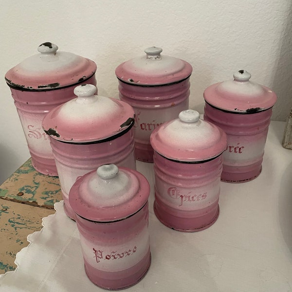 Vintage French Pink Enamelware Canister Set