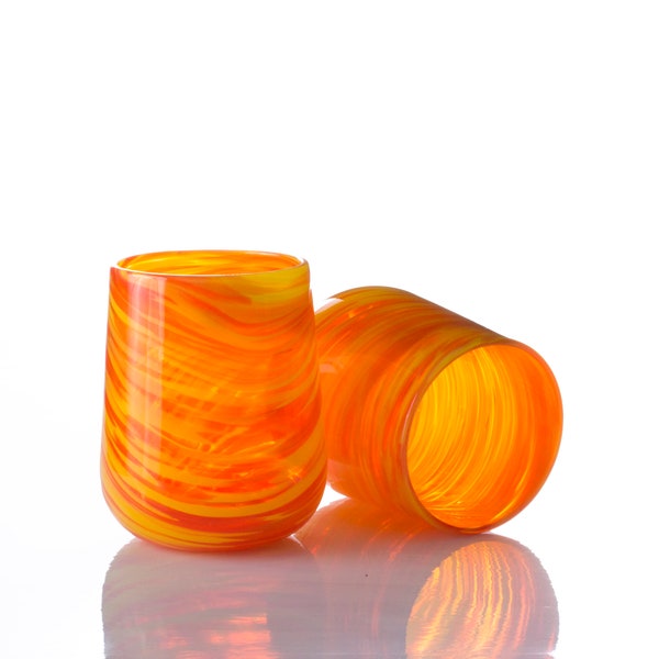 Stemless Wine Glass - Orange and Yellow Swirl - Bar Gifts - Blown Glass Art - Barware Glasses - Stemless - Glasses - Stemless Wine Tumbler